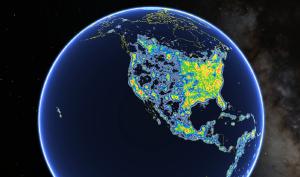 This view of North America as seen in Google Earth shows colored areas that denote levels of light pollution.