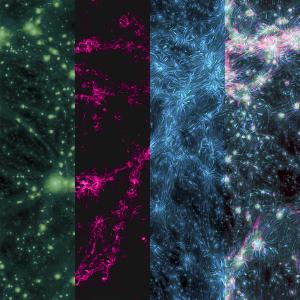 Three different observations of the cosmic web (gas, radio, and magnetic) accompanied by a composite image.