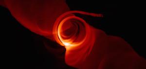 This supercomputer simulation shows hot gas falling into the black hole at the center of the Milky Way galaxy.