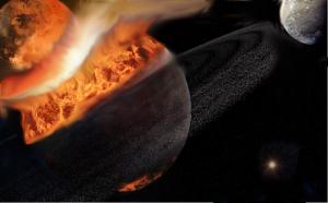 An artistic depiction of a collision between two planetary bodies that will form a new moon, while a pre-existing moon already orbits the proto-Earth.