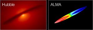 Hubble image of a black hole accretion disk compared with the radio image by ALMA. The false color ALMA image shows the Doppler shift due to the rotation of the disk.  Credit: A. Barth (UCI), ALMA (NRAO/ESO/NAOJ)