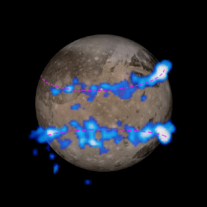 A Hubble image of aurora superimposed on an image of Ganymede.
