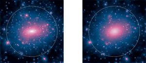 The simulated distribution of dark matter in galaxies.