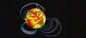 A simulated magnetar with magnetic field lines and surface temperature.