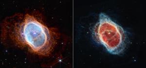 JWST images of the Southern Ring Nebula as seen from the telescope's NIRCam (left) and MIRI (right).