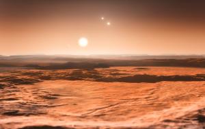 This artist’s impression shows the view from the exoplanet Gliese 667Cd looking towards the planet’s parent star.