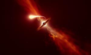 A star gets spaghettified as it is consumed by a black hole.