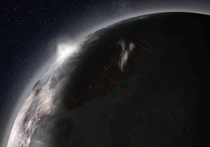 An artist's impression of Earth's moon shows lavas erupting, venting gases and producing a visible atmosphere.