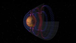 A scientific visualization of the electromagnetic currents around Mars.
