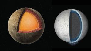 The interiors of Mercury (left) and Enceladus (right) compared.
