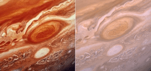 Jupiter as seen in National Geographic, versus a more true-color rendering.