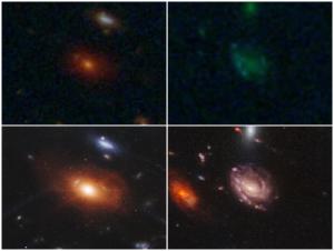 Hubble (top) and Webb (bottom) images of distant galaxies.