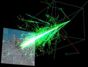 A simulation of a cosmic ray shower formed when a high-energy proton hits the atmosphere.
