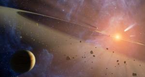 This artist's conception shows the closest known planetary system to our own, called Epsilon Eridani.