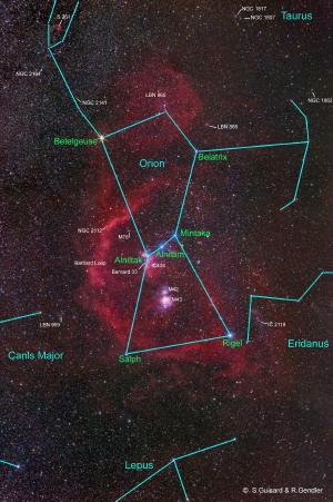 The Orion Complex seen against a diagram of the constellation.