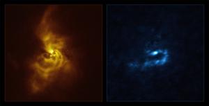 The young star V960 Mon and its surrounding dusty material, seen by SPHERE (left) and ALMA (right).