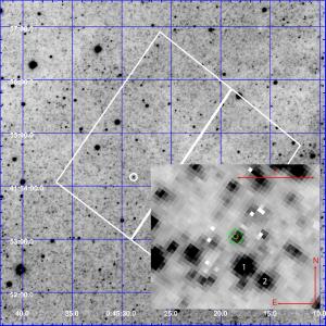 Background: The star as a Nova. Inset: Hubble image of the star when inactive.