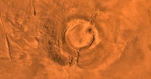 A digital-image mosaic of Mars’ Tharsis plateau shows the extinct volcano Arsia Mons.