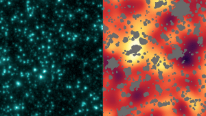 Left: An infrared view of the sky in Ursa Major. Right: an enhanced view with known sources masked, showing fluctuations of the infrared background.