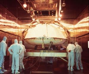 A Viking lander being prepared for dry heat sterilization, which is currently the most stringent method.