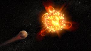 Artist's Illustration of a Young Red Dwarf Stripping Away a Planet's Atmosphere.