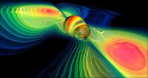 Computer simulation of two merging black holes and the spacetime distortions that they cause.