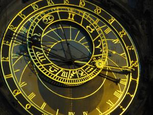 Night snapshoot of the Prague Astronomical Clock (Prague Orloj), the oldest astronomical clock which is still working.
