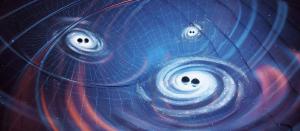 An illustration of binary supermassive black holes against a grid of space. The gravitational waves created by the black holes cause ripples in space and time.