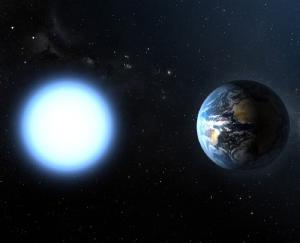 A white dwarf star compared to Earth.