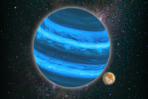 Illustration of a planet floating freely through the universe with a potentially habitable moon.