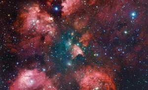 A photograph of the Cat's Paw Nebula, known for its reddish puffy shape of glowing gas against a star-filled background.