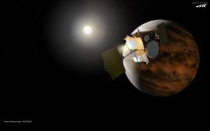 Illustration of the Japanese spacecraft Akatsuki near Venus.