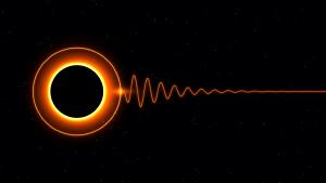 Illustration of a stylized black hole and the rindown pattern emitted when black holes merge.