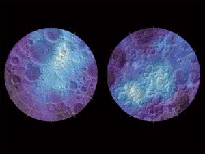 An off-axis abundance of water at the moon’s north pole (left) is matched symmetrically at the south pole (right).