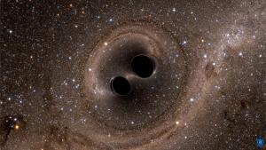 A simulation of two merging black holes.