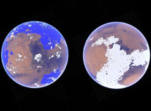An illustration of warm, wet Mars vs cold, dry Mars.