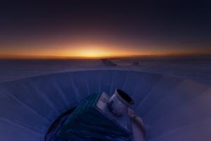 The BICEP telescope in Antarctica during twilight.