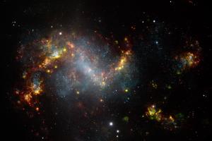 A lopsided starburst galaxy known as NGC 1313.
