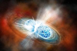 An artist view of colliding neutron stars.