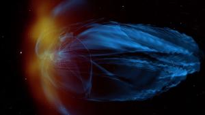 An artist concept of a coronal mass ejection hitting young Earth's weak magnetosphere.