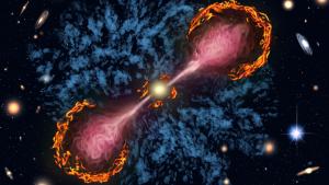 Artist’s illustration of a supermassive black hole at the center of a radio galaxy launching powerful jets all the way into the galaxy’s circumgalactic medium.