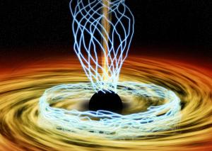 In this artist's conception, the black hole at the center of our galaxy is surrounded by a hot disk of accreting material. Blue lines trace magnetic fields.