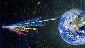 Illustration of radio waves from an FRB reaching Earth.