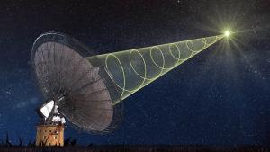A schematic illustration of CSIRO’s Parkes radio telescope receiving the polarised signal from the new ‘fast radio burst’.