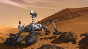 Artist view of the Curiosity Rover on Mars.