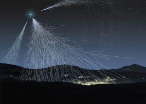 Artistic impression showing cascades of particles emanating from a distant light source in the night sky.