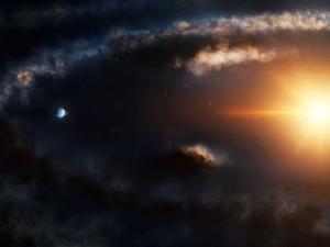 Artist view of a planet and protoplanetary disk around a young star.