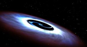 An artistic illustration of a binary black hole.