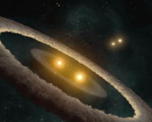 Artist rendering of a protoplanetary disk around a binary system.