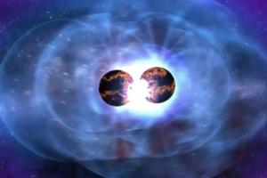 Illustration of a binary neutron star merger just as the two stars make contact.